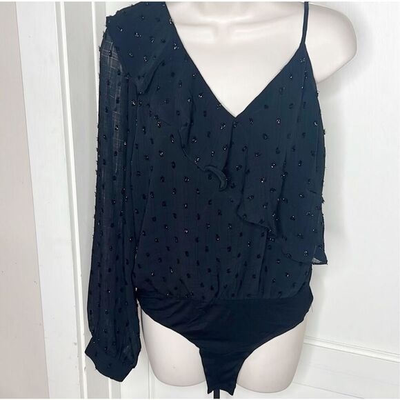 Lulus One Sleeve Ruffle Bodysuit Black Nwt Size Medium - Picture 1 of 5